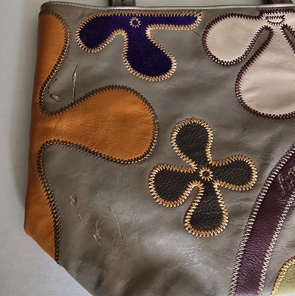 Lamarthe of Paris Leather Purse Gray Boho Flower Shoulder Bag French Designer - Picture 5 of 16